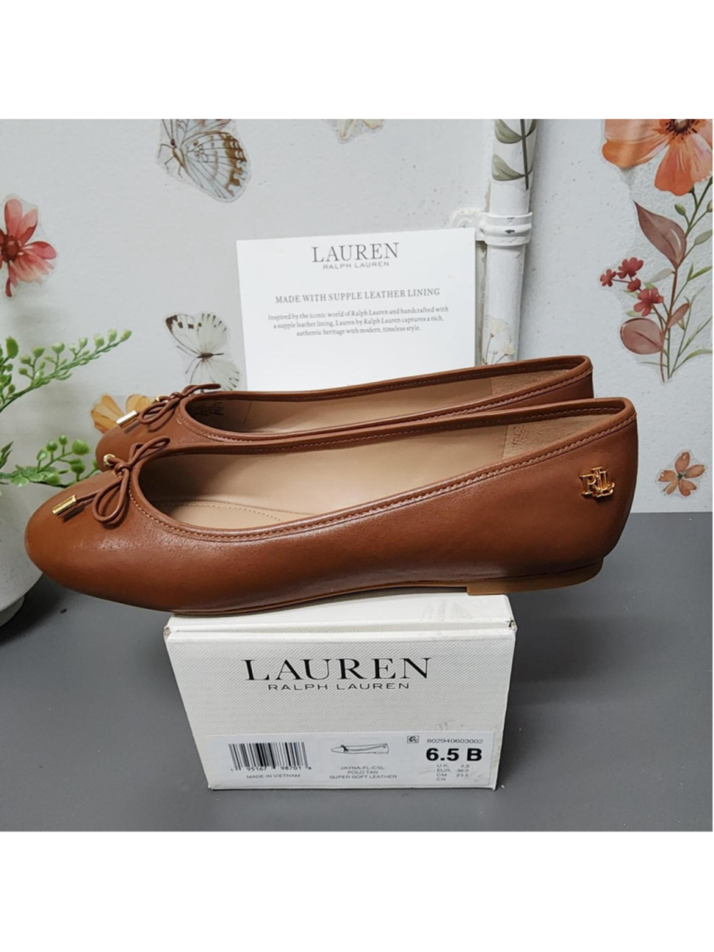 Ralph Lauren brown leather ballet flats with bow detail, size US 6